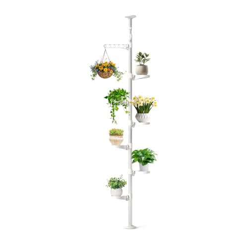 BAOYOUNI Plant Stand, 7-tier tension pole with 6 trays and a hook, 7.5 to 9.5 ft