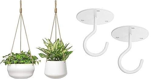 Mkono Ceramic Hanging Planters, 8 in shallow and 6 in deep, 2 pack with ceiling hooks