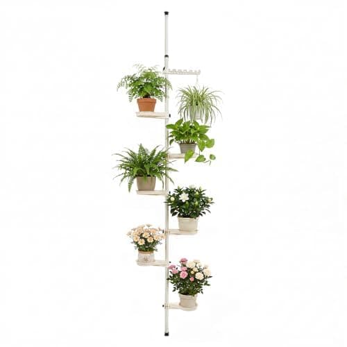 7-Layer Tension Rod Plant Stand, 8.5 to 10.2 ft, 6 trays and a hanging rod