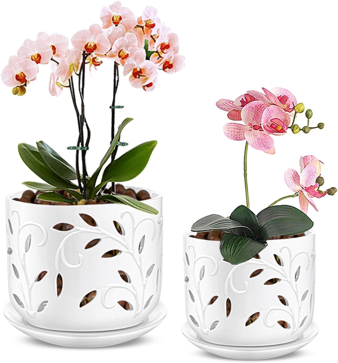 EFISPSS Ceramic Orchid Pots with drainage holes and tray, 5 and 6 in