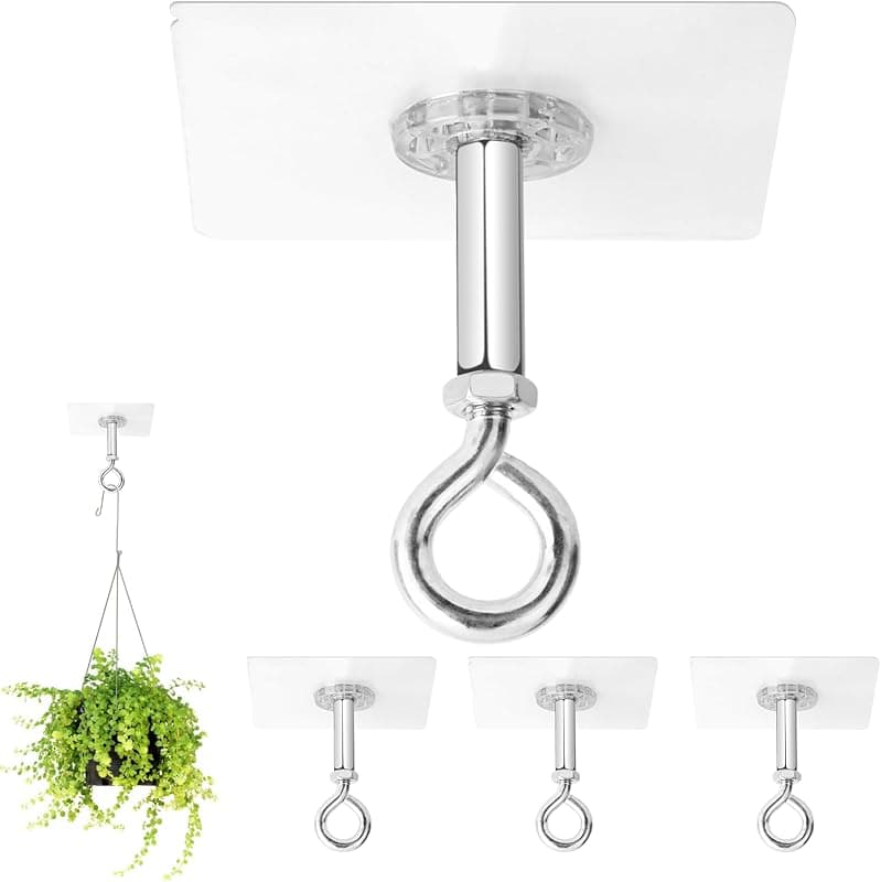 Adhesive Ceiling Hooks, 25 lb, stainless, 4 pack