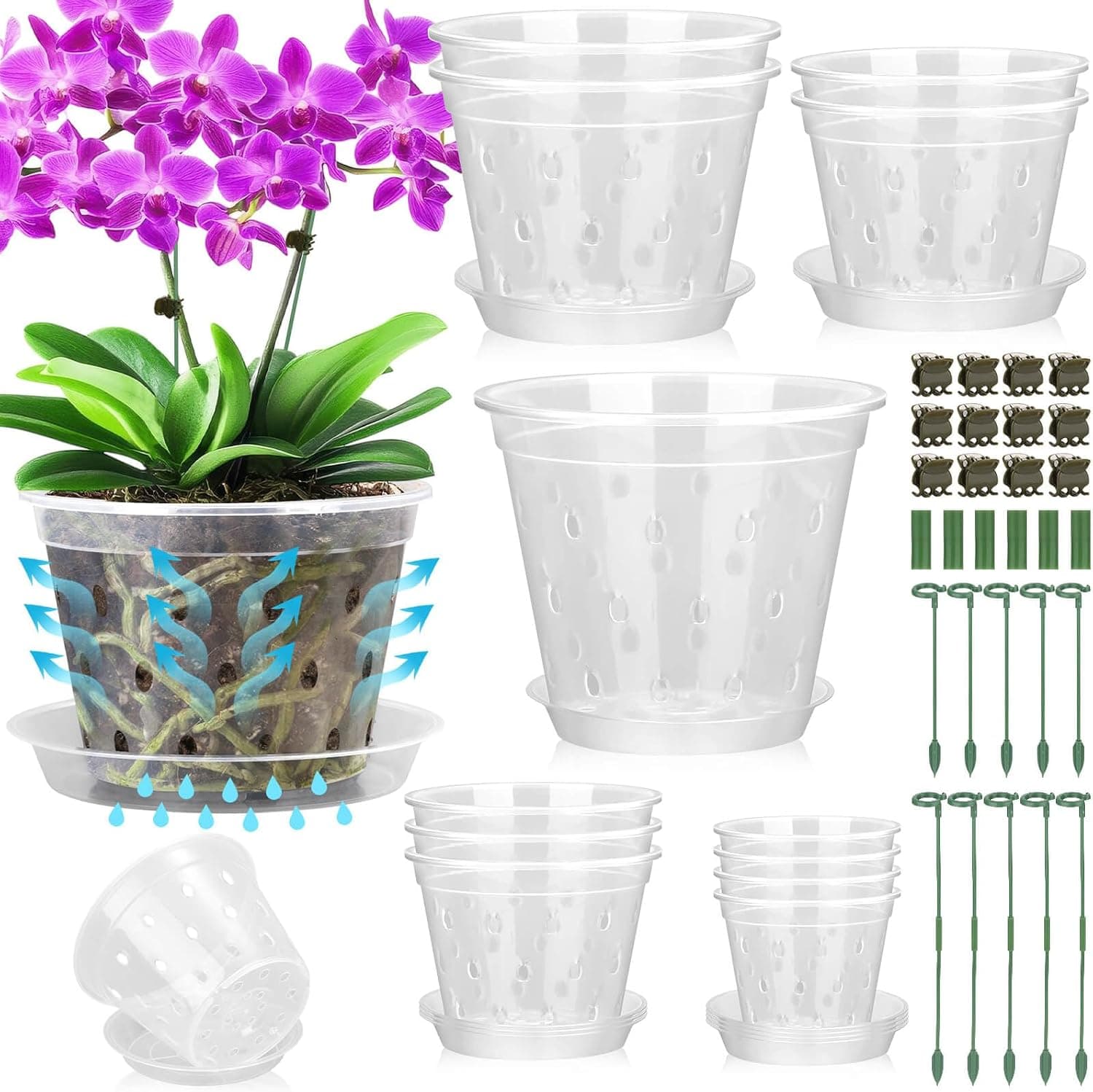 Tetutor Clear Slotted Orchid Pots, 3 to 7 in, 12 pack with stakes and clips