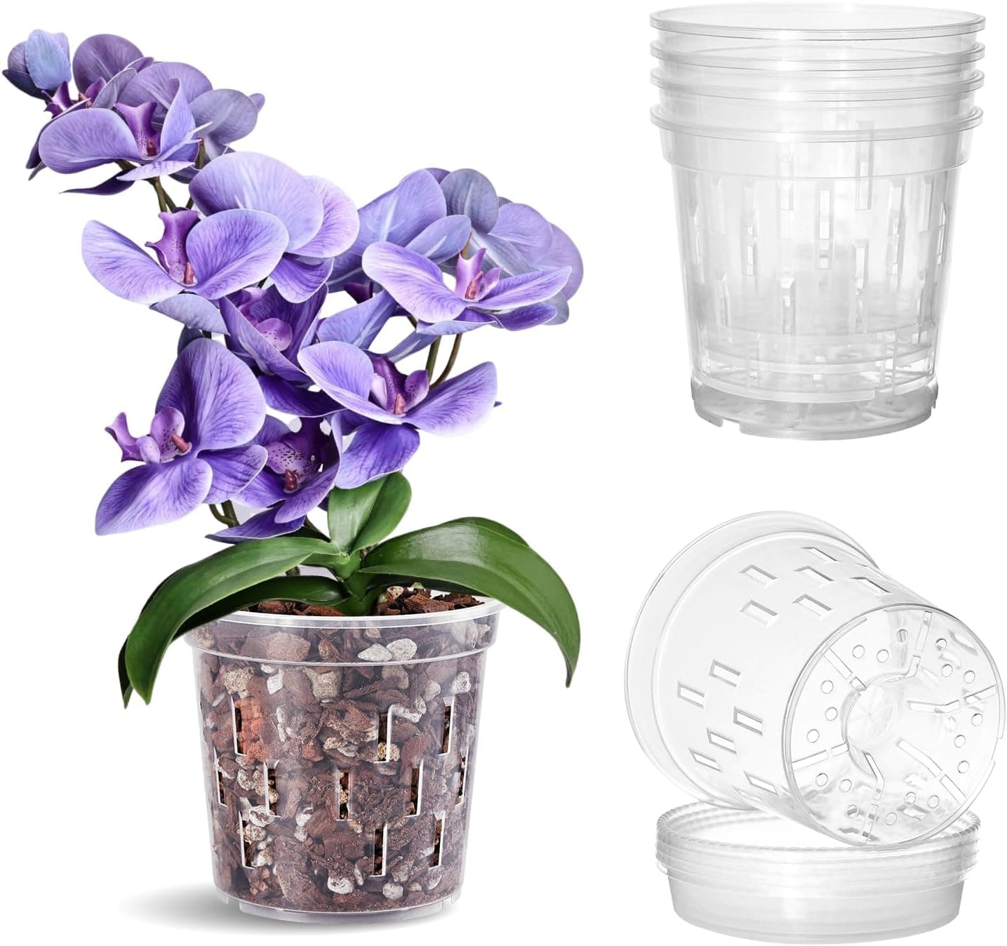 TRUEDAYS Clear Slotted Orchid Pots with Saucers, 5 in, 4 pack