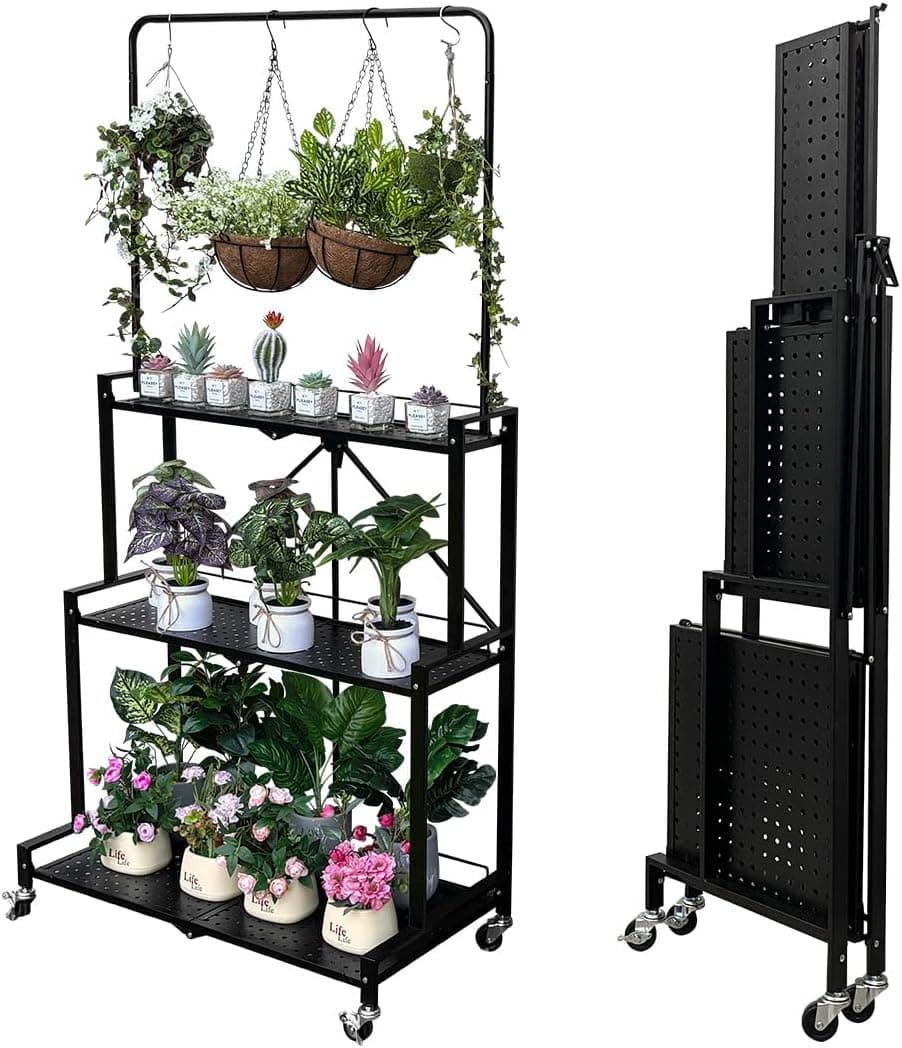 lumizone 4 Tier Foldable Plant Stand with wheels and brakes