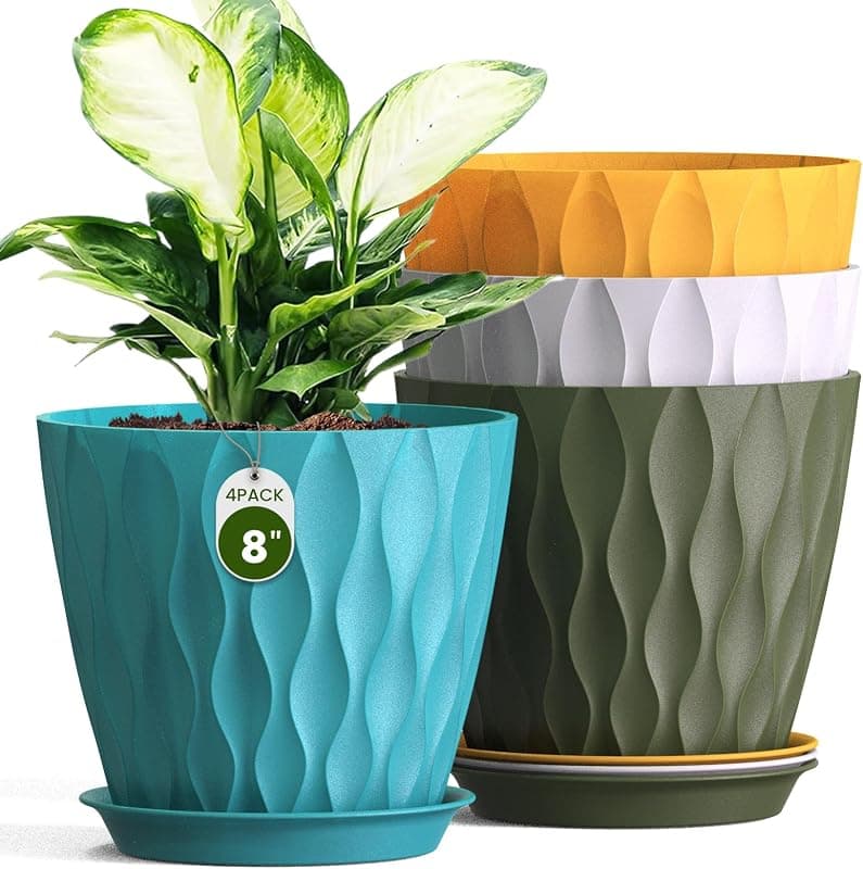 Areutxbis 8 in Plastic Planters with Drainage and Saucers, 4 pack