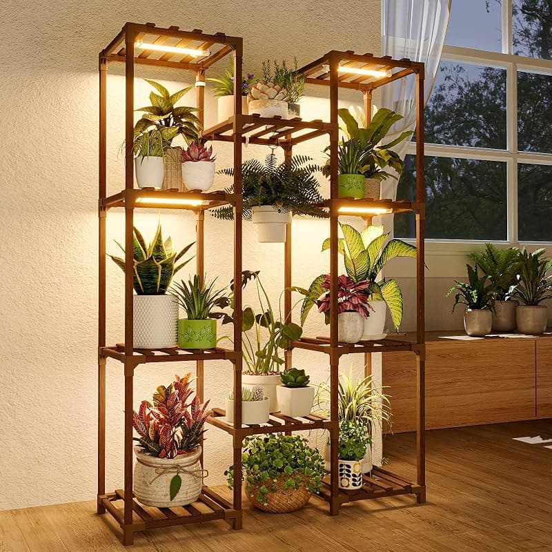 Bamworld Plant Stand with Grow Light, wood shelf, warm light