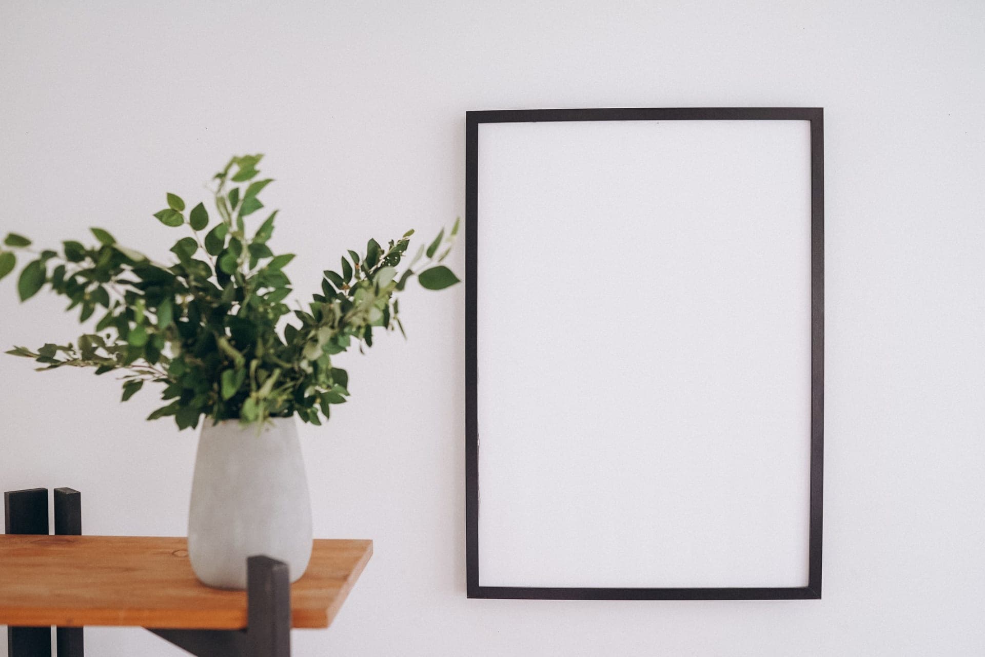 A plant on a wooden wall shelf beside a picture frame