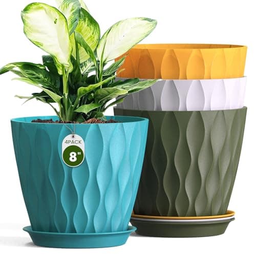 Areutxbis 8 in Plastic Planters with Drainage and Saucers, 4 pack