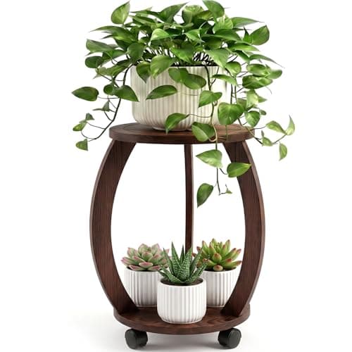 WooOrganix 2 Tier Wooden Plant Stand with Wheels, 18.8 in tall
