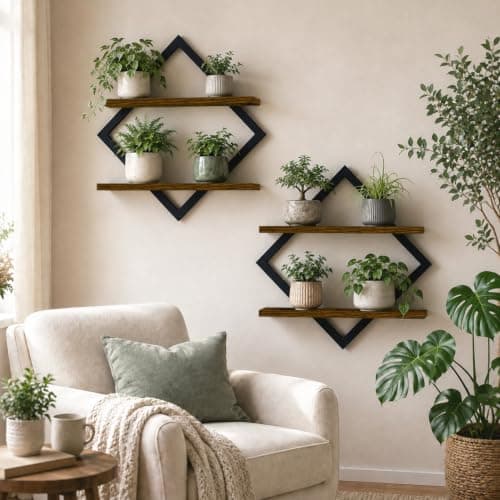 2 Tier Floating Wall Plant Shelf, wood and metal, 2 pack