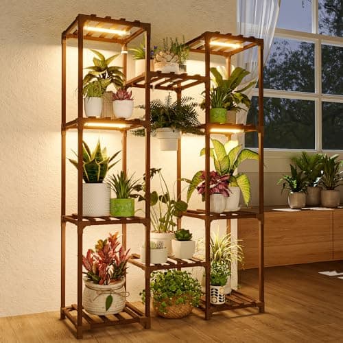 Bamworld Plant Stand with Grow Light, wood shelf, warm light