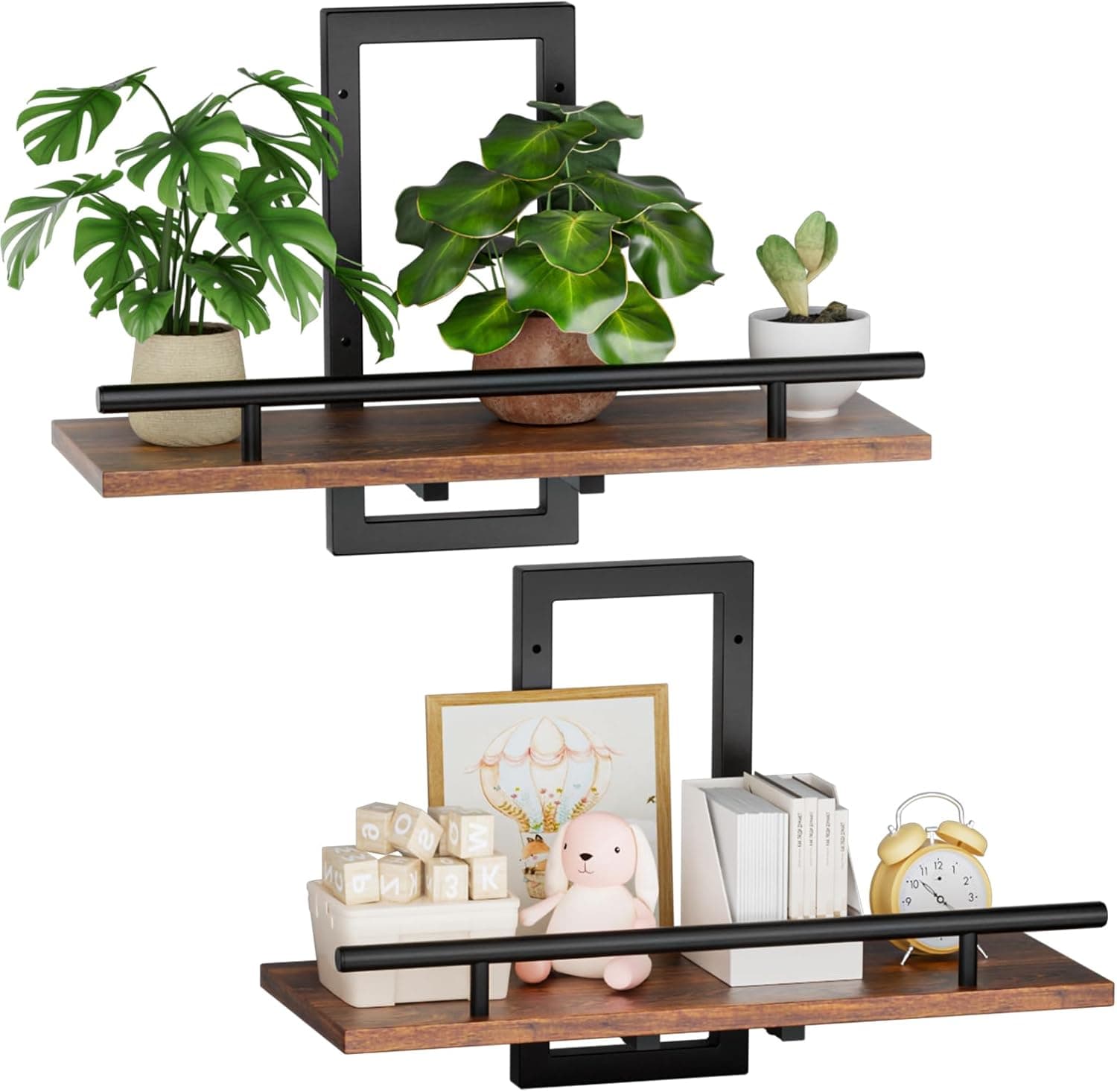 Sbosbo Floating Wall Plant Shelf with front guardrail, 20 lb