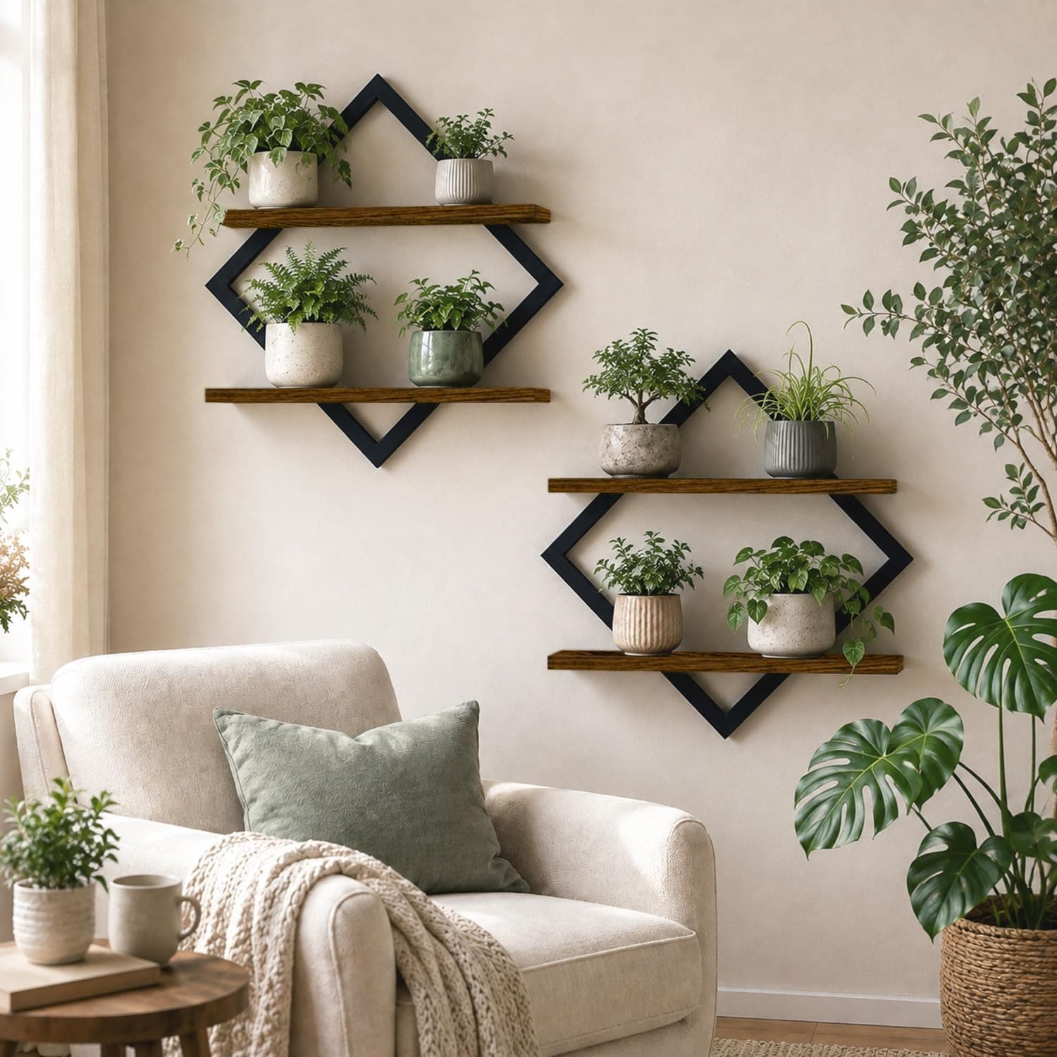 2 Tier Floating Wall Plant Shelf, wood and metal, 2 pack