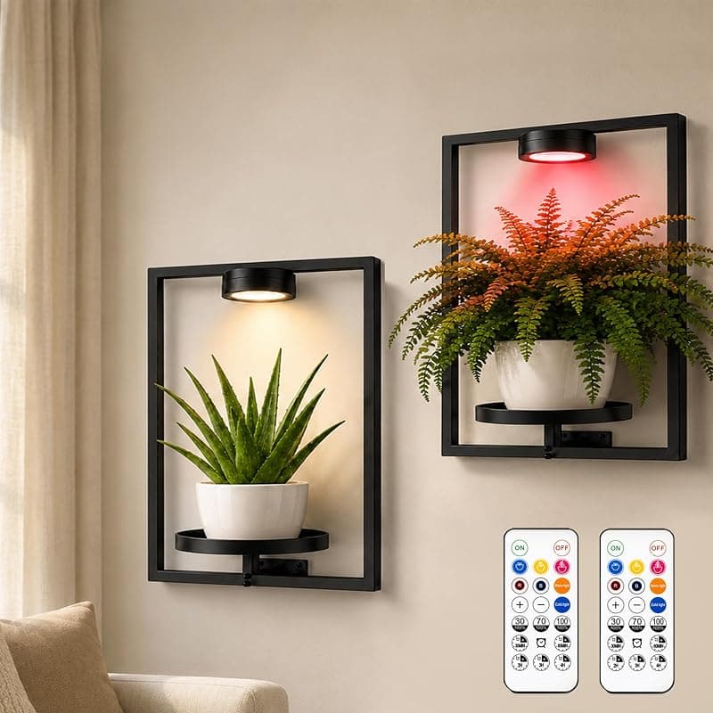 Plant Wall Shelf with Rechargeable Magnetic Grow Light, 2 pack
